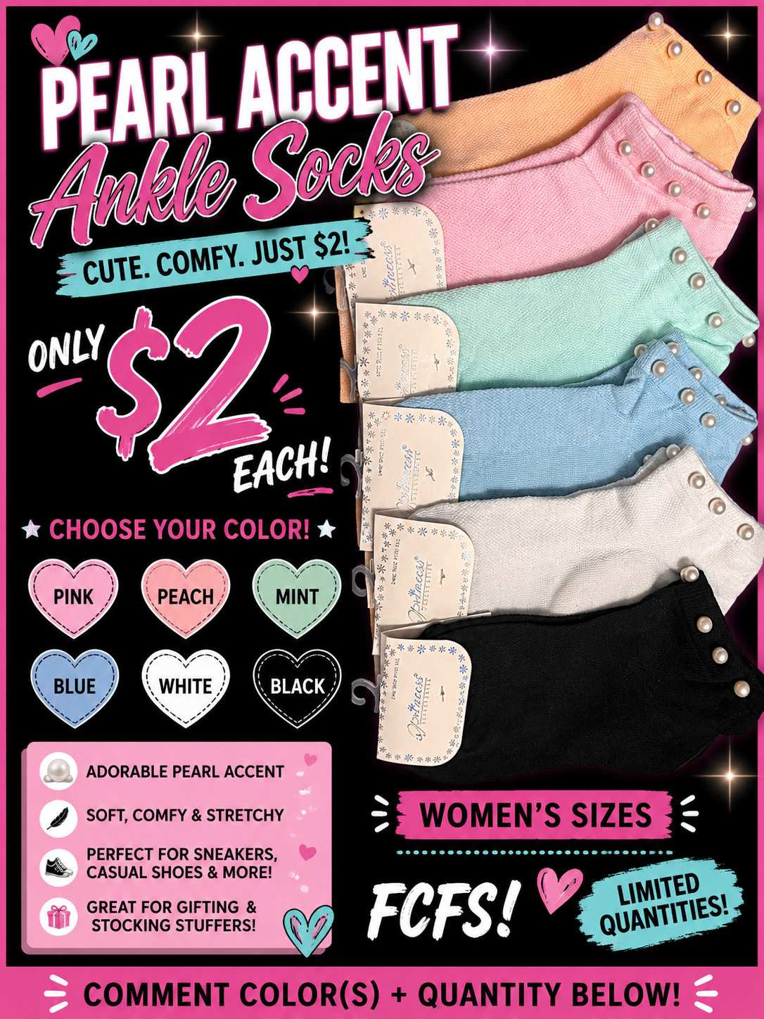 Ankle socks set with pearl button accents, shown in pink, mint, light blue, white, black.
