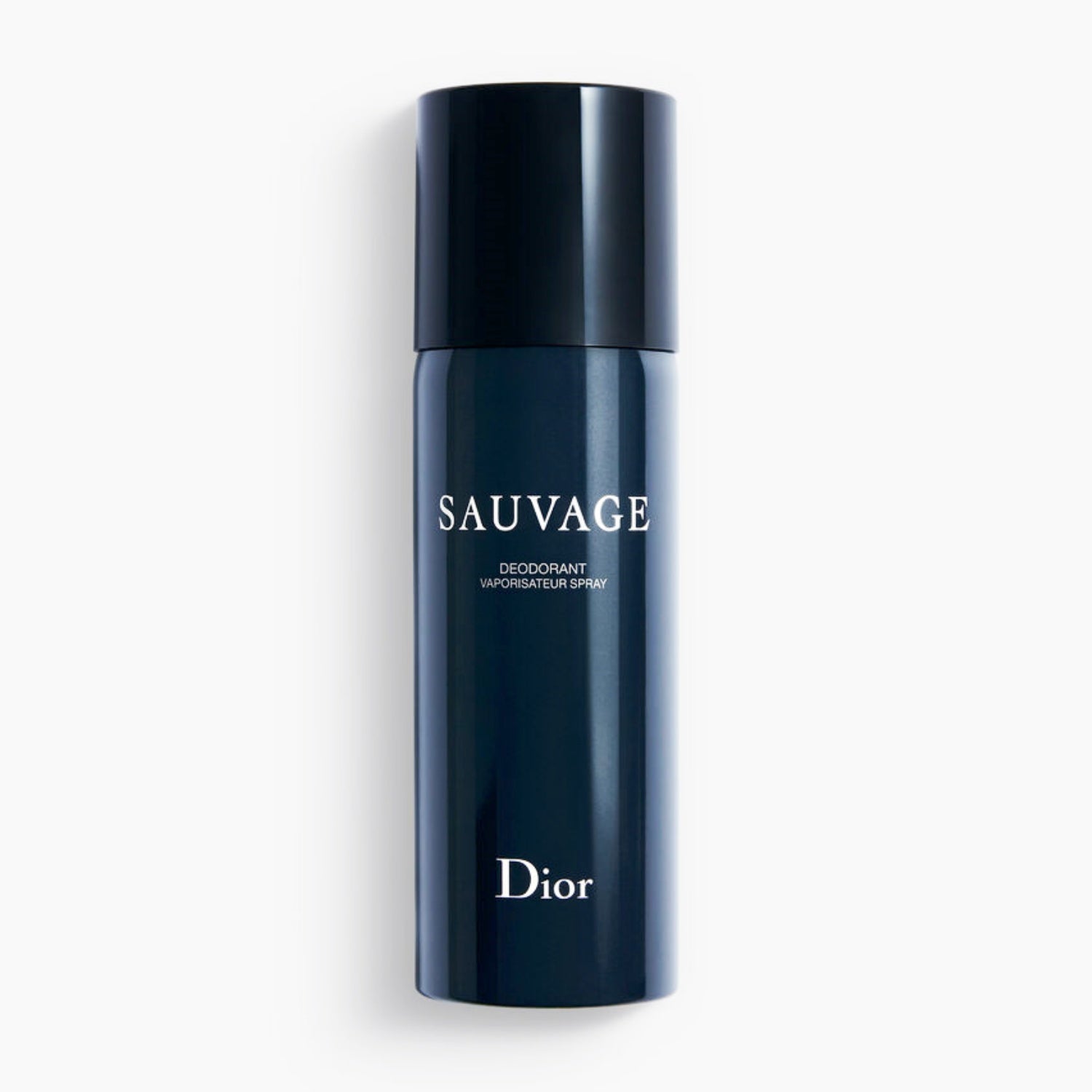 Christian Dior Sauvage deodorant spray, dark blue can with black cap and SAUVAGE text