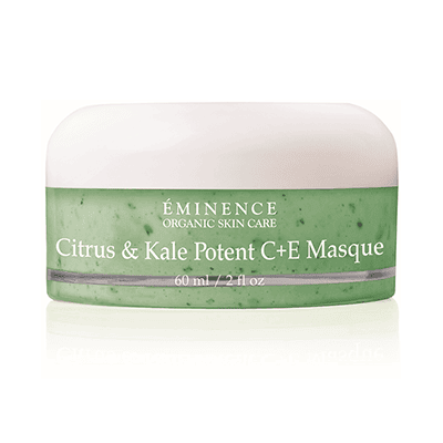 Green masque jar with white lid and Citrus & Kale label