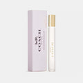 Eau de parfum rollerball with white vial, gold cap, and mauve box