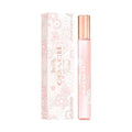 Floral travel spray bottle, pink glass with patterned label and matching box