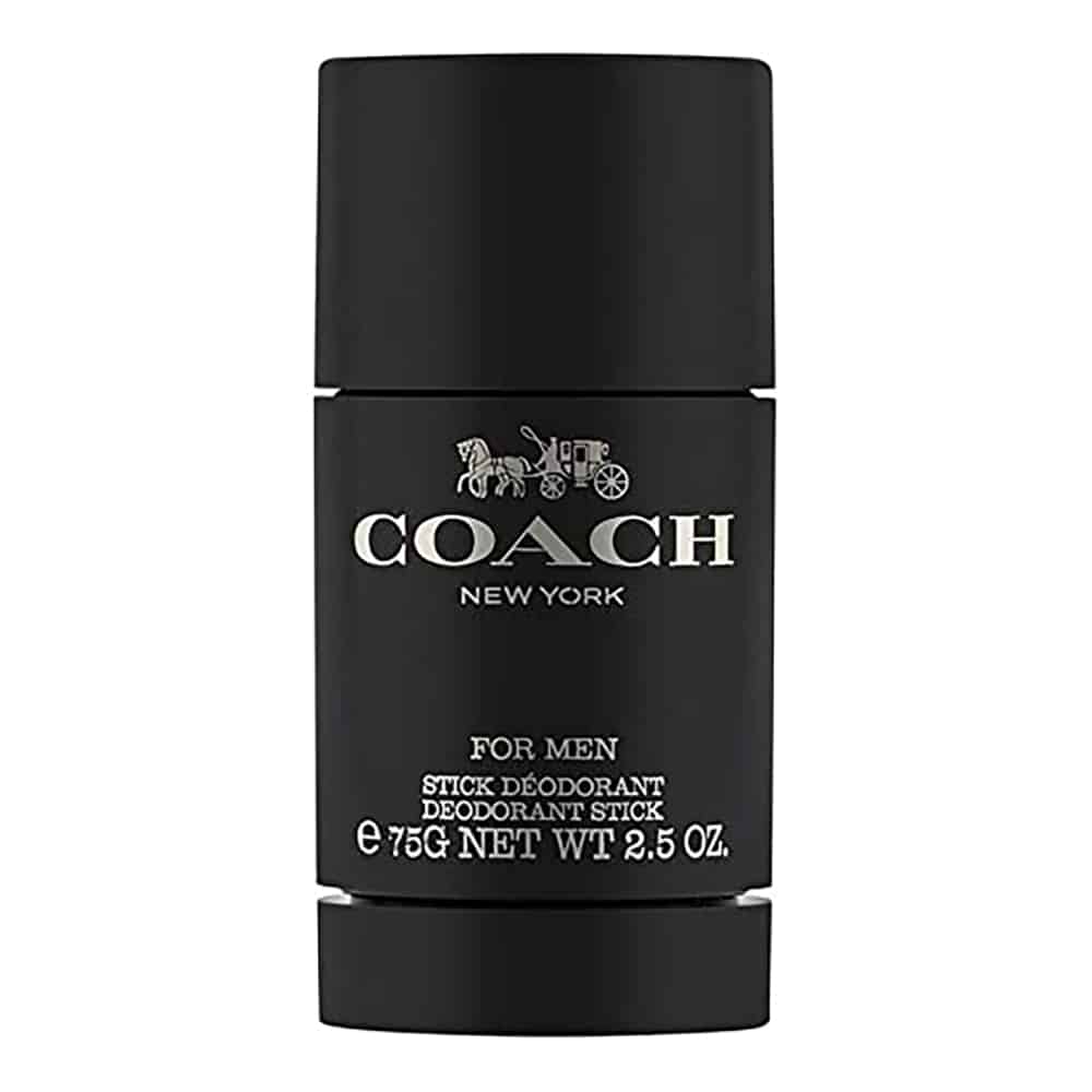 Coach for Men stick deodorant, black cylinder with printed label and cap.