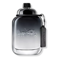 Eau de toilette bottle with black cap and metallic silver gradient, with hanging tag