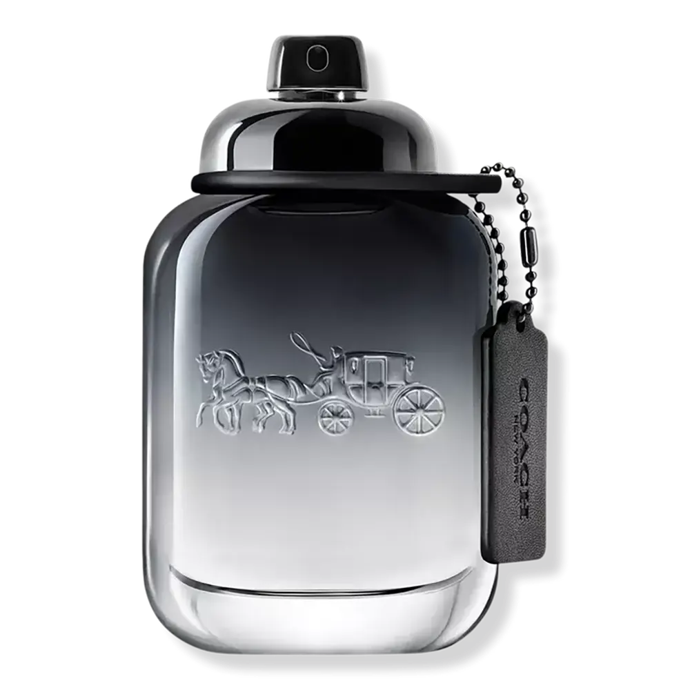 Eau de toilette bottle with black cap and metallic silver gradient, with hanging tag