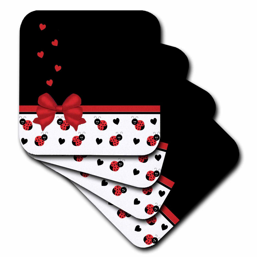3dRose Charlyn Woodruff - CW Designs Whimsical Collection - Cute Red Black Ladybugs Floating Hearts Red Ribbon - Coasters (CST_155266)