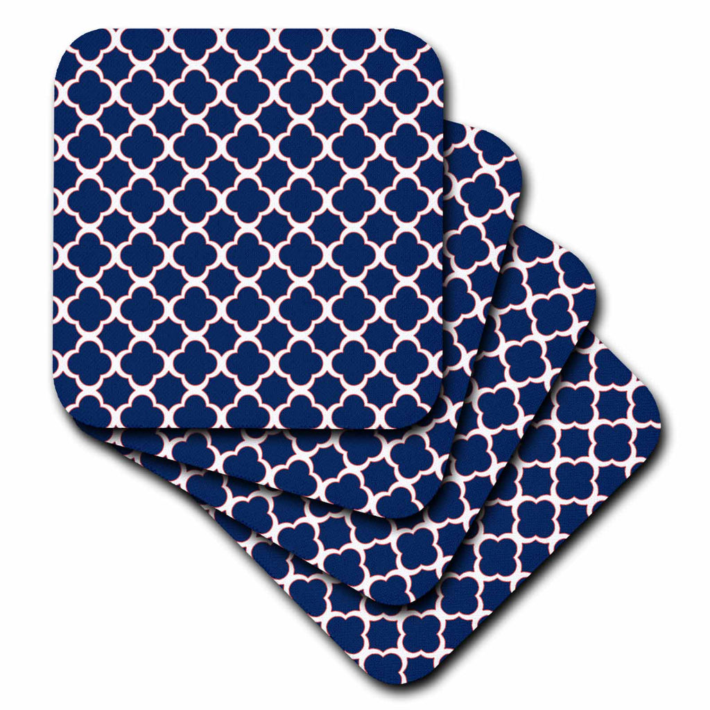 3dRose Janna Salak Designs Contemporary Patterns - Quatrefoil Pattern Navy Blue and White with Red Accent - Coasters (CST_165919)