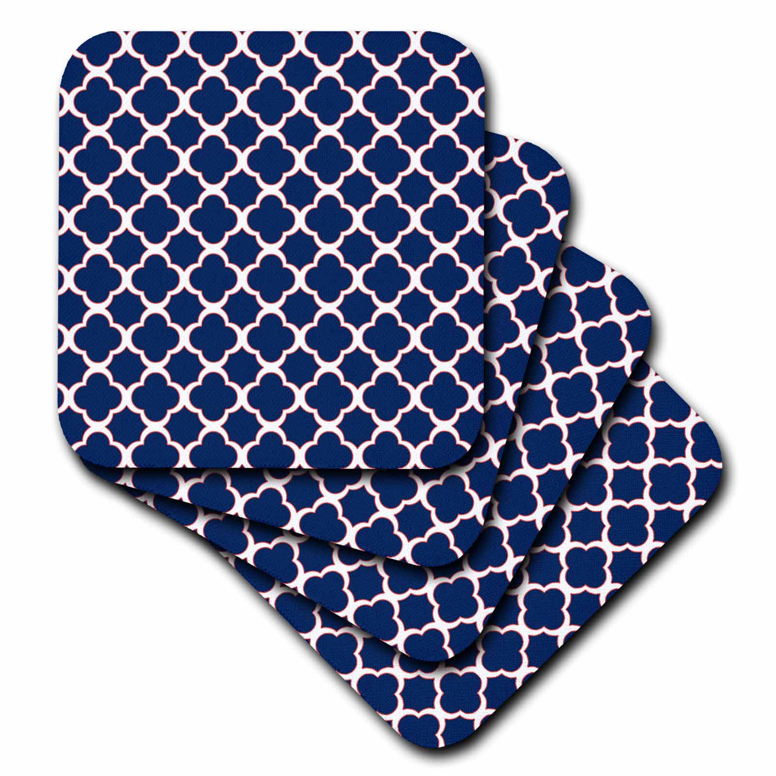 3dRose Janna Salak Designs Contemporary Patterns - Quatrefoil Pattern Navy Blue and White with Red Accent - Coasters (CST_165919)