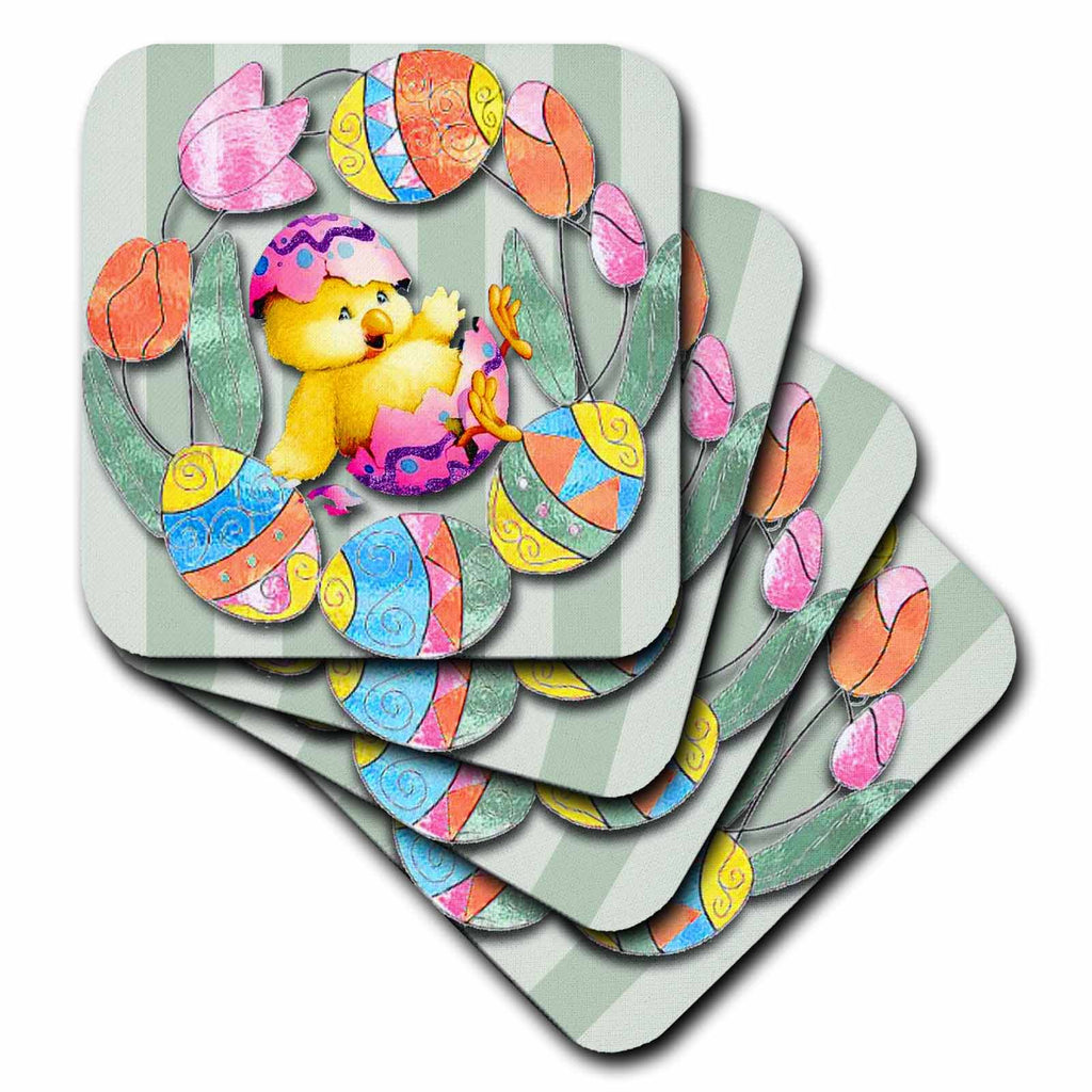 3dRose Spiritual Awakenings-Easter - Cute Easter chick and eggs all decorated around pretty tulips - Coasters (cst_167131)