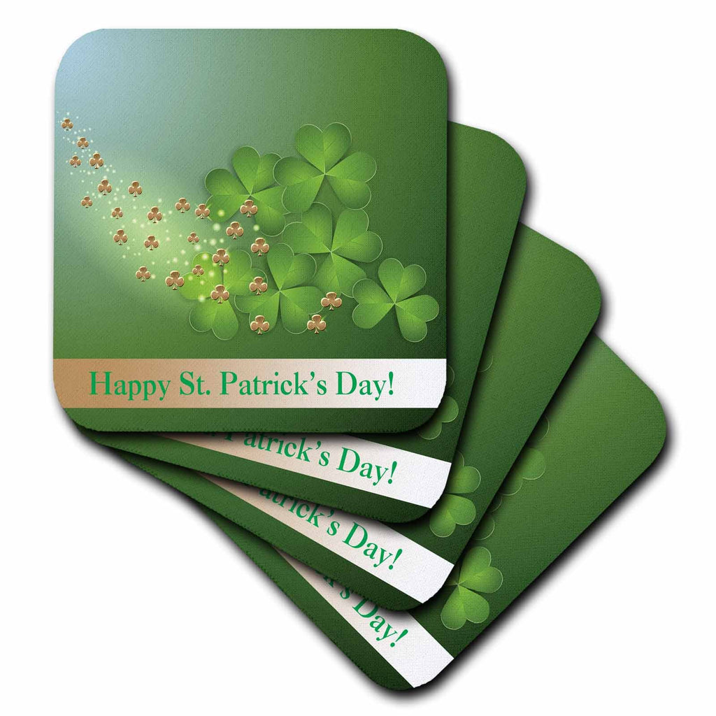 3dRose Beverly Turner St Patrick Day Design - Beautiful Green and Gold Shamrocks, Happy St. Patricks Day - Coasters (CST_180862)