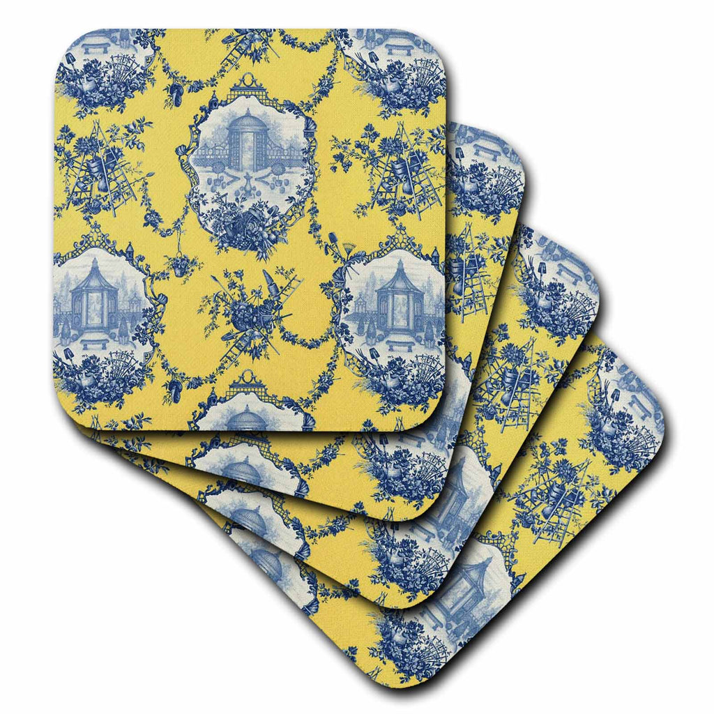 3dRose RinaPiro - French Toile - Garden French Toile. Yellow and Blue. Popular Toile Print. - Coasters (CST_218087)