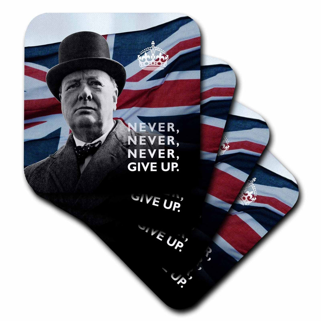 3dRose Russ Billington Designs - Winston Churchill- Never Give Up Quotation Over Union Jack Background - Coasters