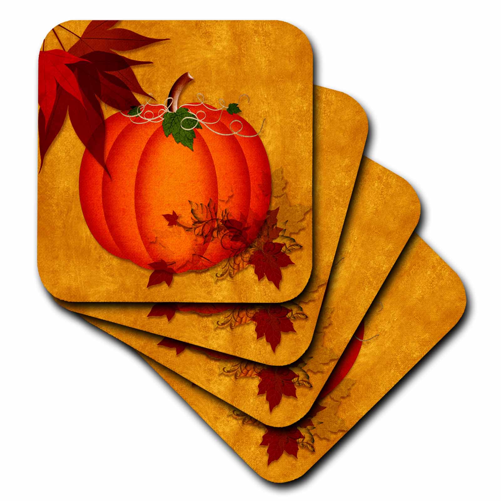 3dRose Doreen Erhardt Autumn Collection - Large Orange Pumpkin with Golden Grunge and Autumn Maple Leaves - Coasters (cst_240093)