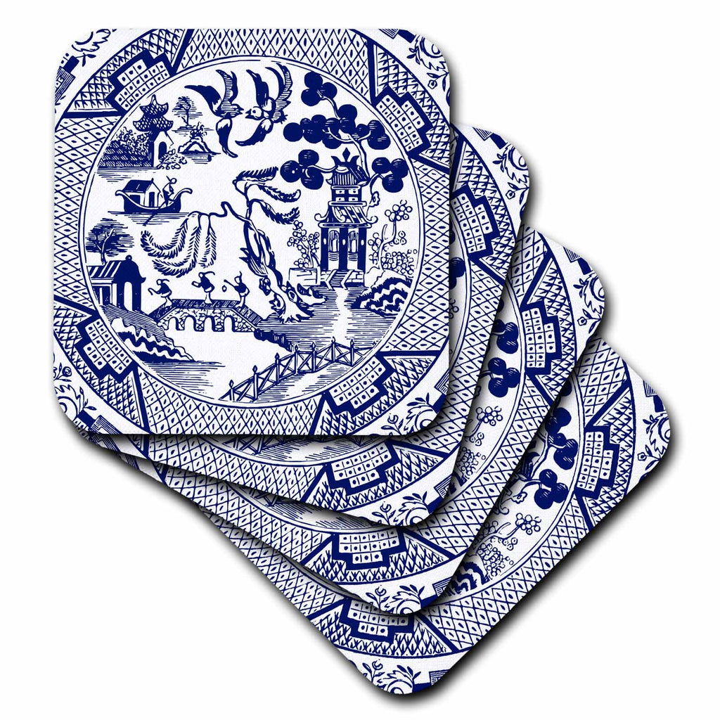 3dRose Russ Billington Designs - Willow Pattern Detail in Blue and White - Coasters (cst_262242)
