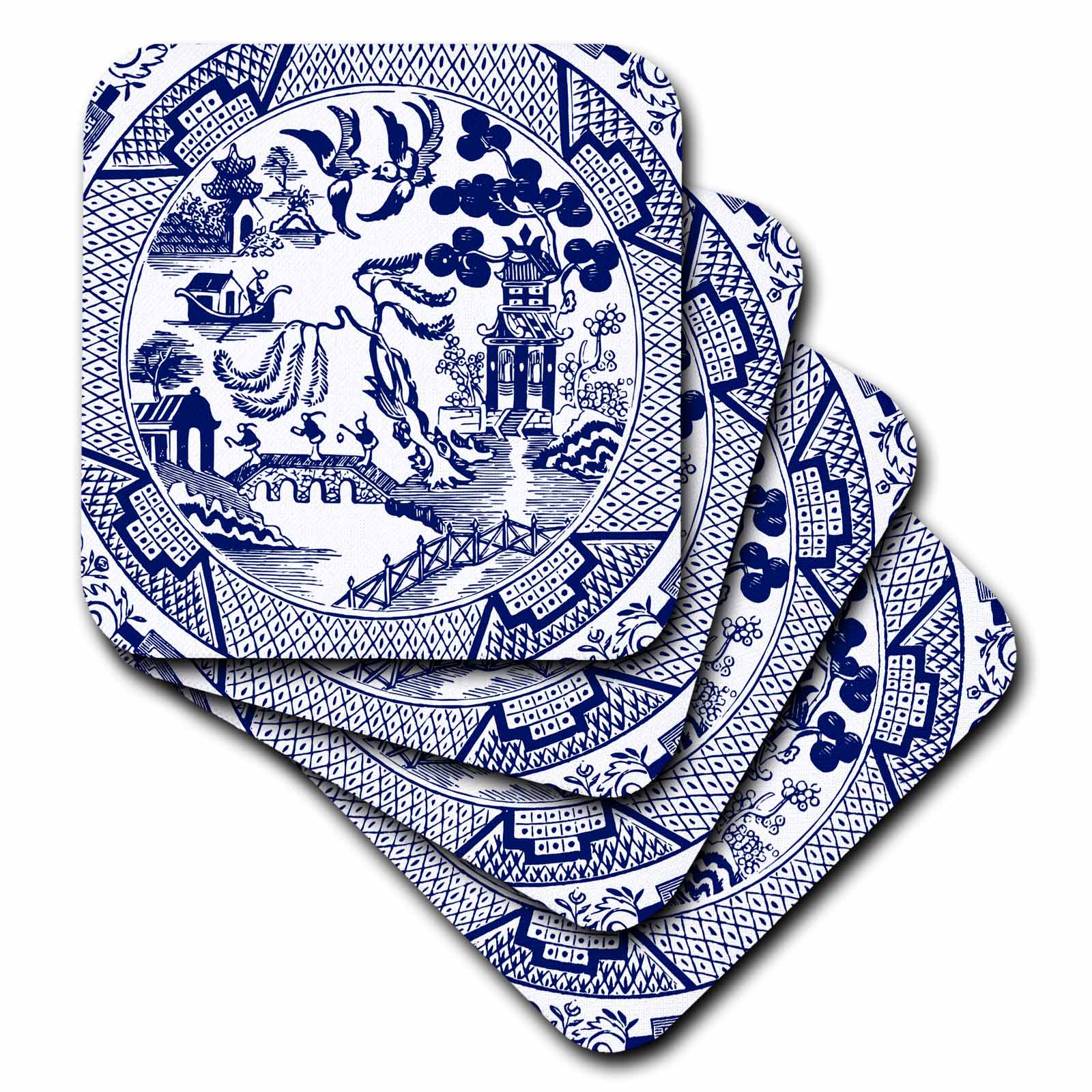 3dRose Russ Billington Designs - Willow Pattern Detail in Blue and White - Coasters (cst_262242)