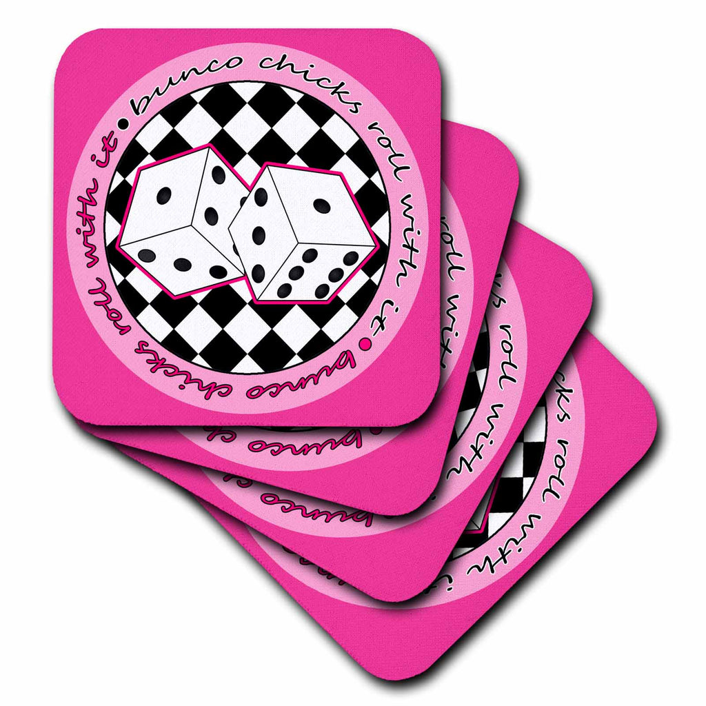 3dRose Janna Salak Designs Bunco - Bunco Chicks Roll With It Pink - Coasters (cst_28502)