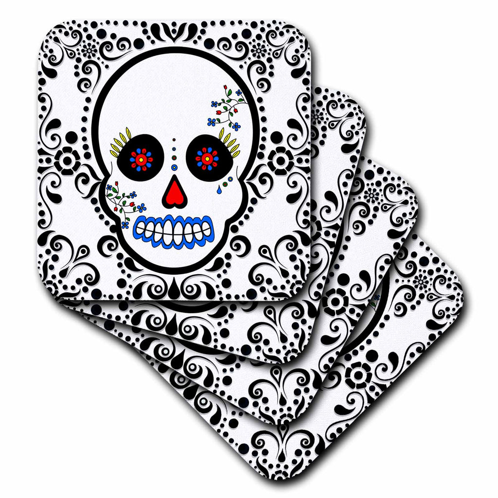3dRose Janna Salak Designs Day of The Dead - Day of The Dead Skull Día de Los Muertos Sugar Skull Red Black Scroll Design - Coasters (CST_28865)