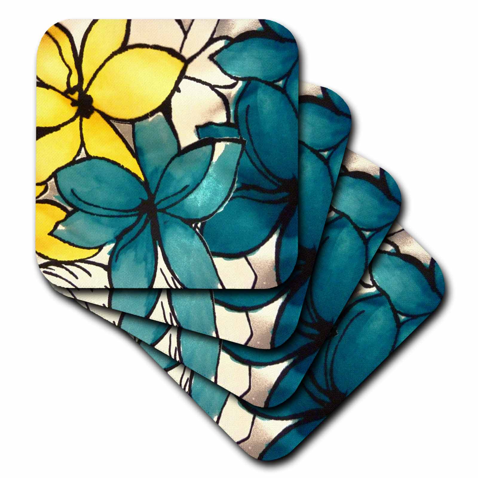 3dRose Florene Abstract Floral - Teal and Yellow Floral - Coasters (CST_32104)