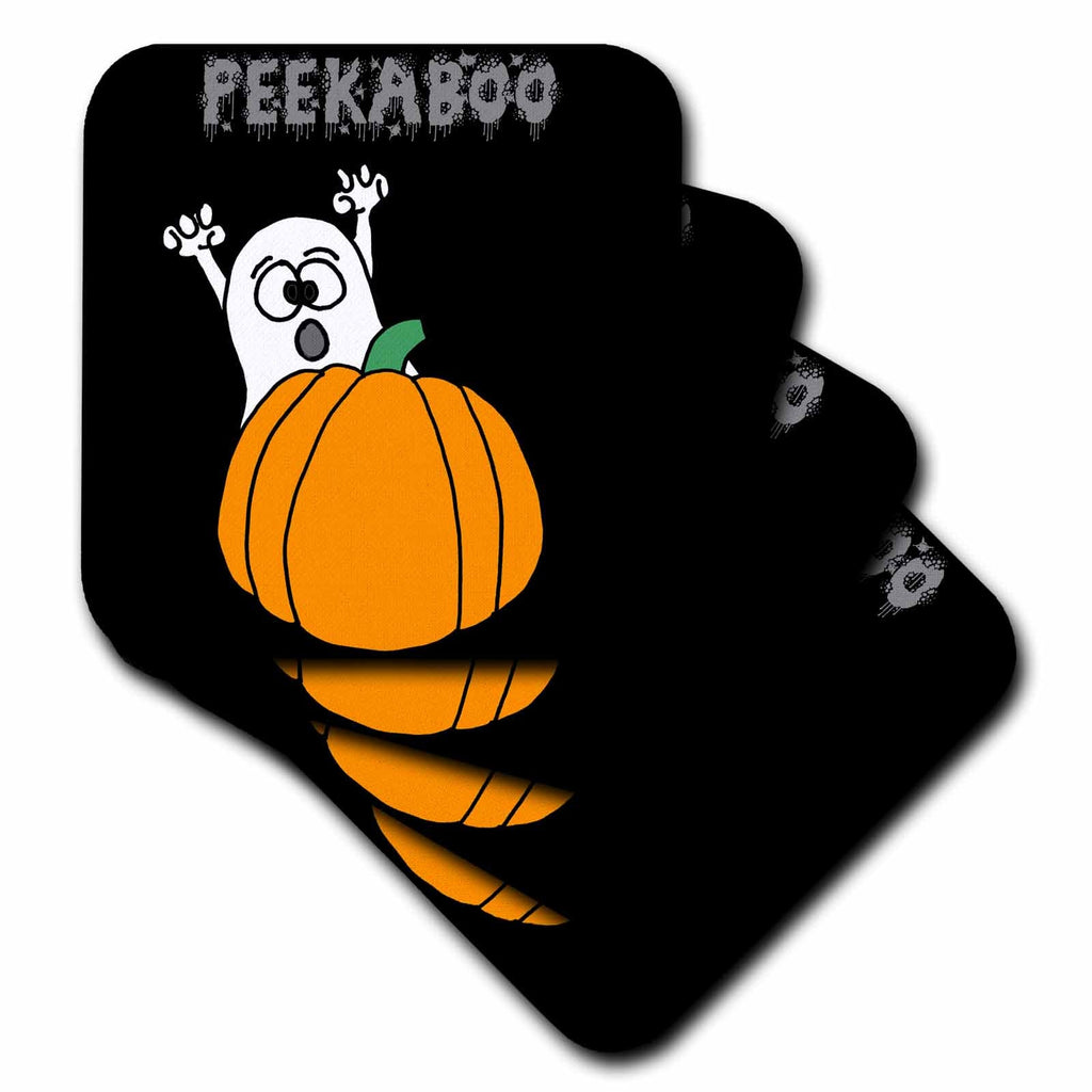 3dRose Funny Cute Ghost Behind Pumpkin Halloween Peekaboo Pun Cartoon - Coasters (cst-369366)
