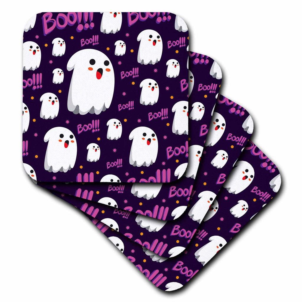 3dRose Cute Ghosts and Pink Boos On A Purple Background Halloween Pattern - Coasters (cst-369486)