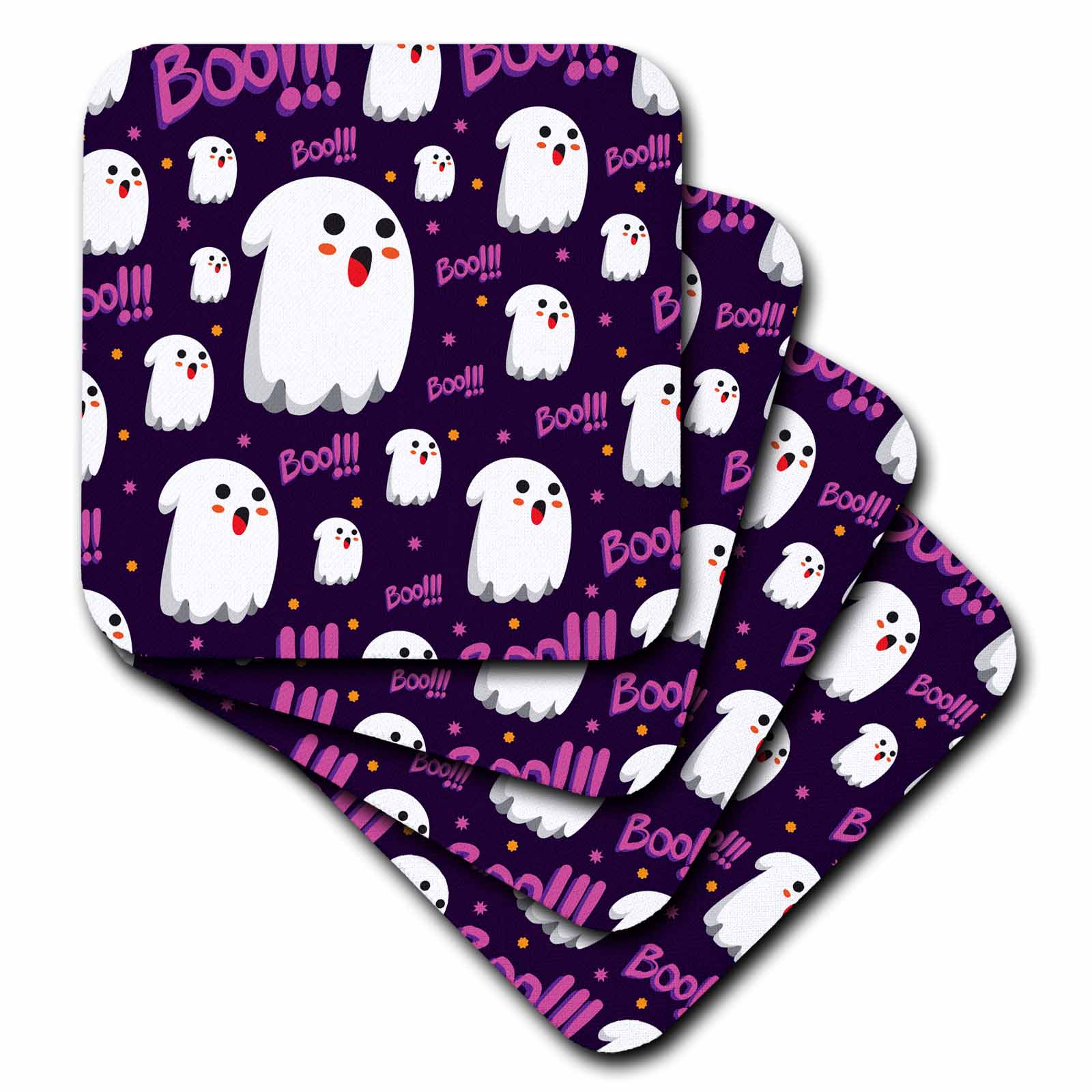 3dRose Cute Ghosts and Pink Boos On A Purple Background Halloween Pattern - Coasters (cst-369486)