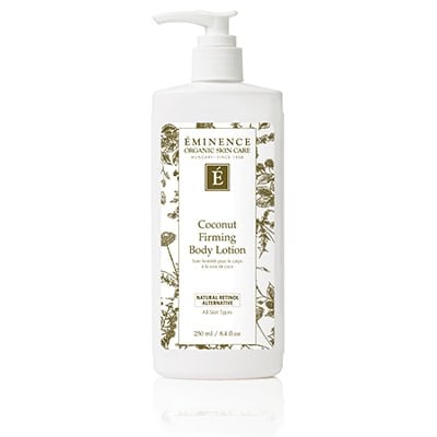 EMINENCE coconut firming body lotion in white pump bottle with gold label, 8.4 oz