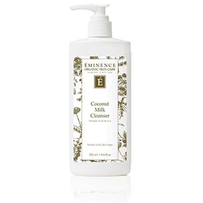Coconut milk cleanser bottle with pump, EMINENCE E logo on label