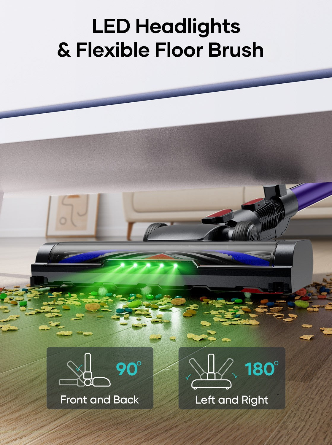 Vacuum floor brush with LED headlights and flexible brush angle indicators.