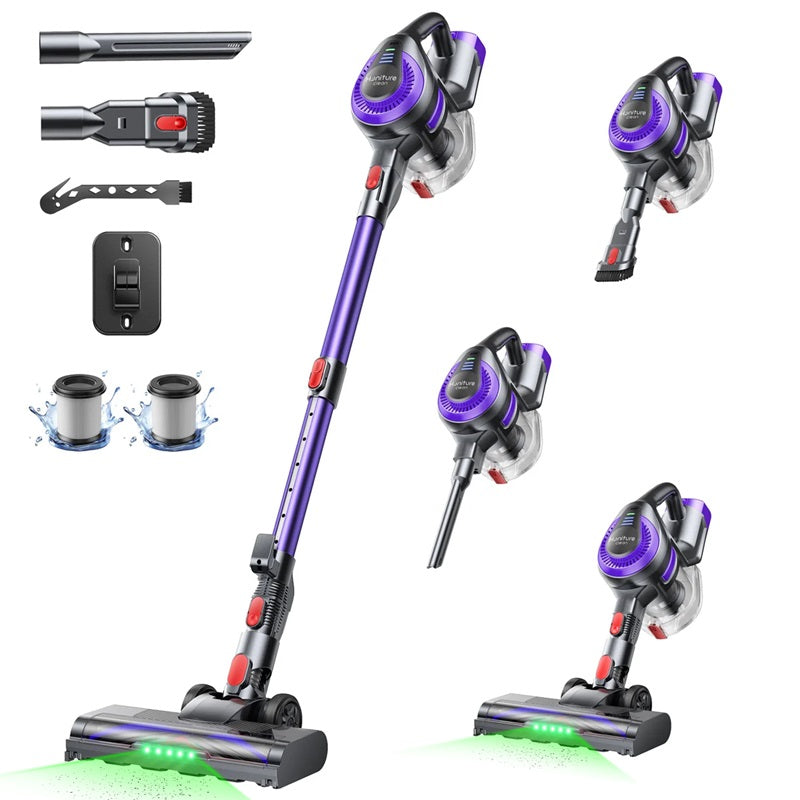 Cordless stick vacuum set showing multiple tools: main engine, floor head, and wall bracket