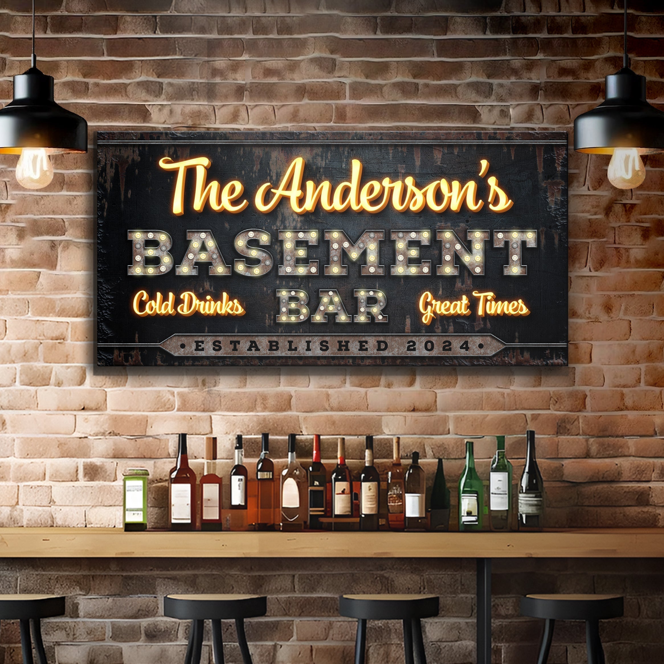 Wall-mounted bar sign reading “The Anderson’s Basement Bar” with “Cold Drinks”