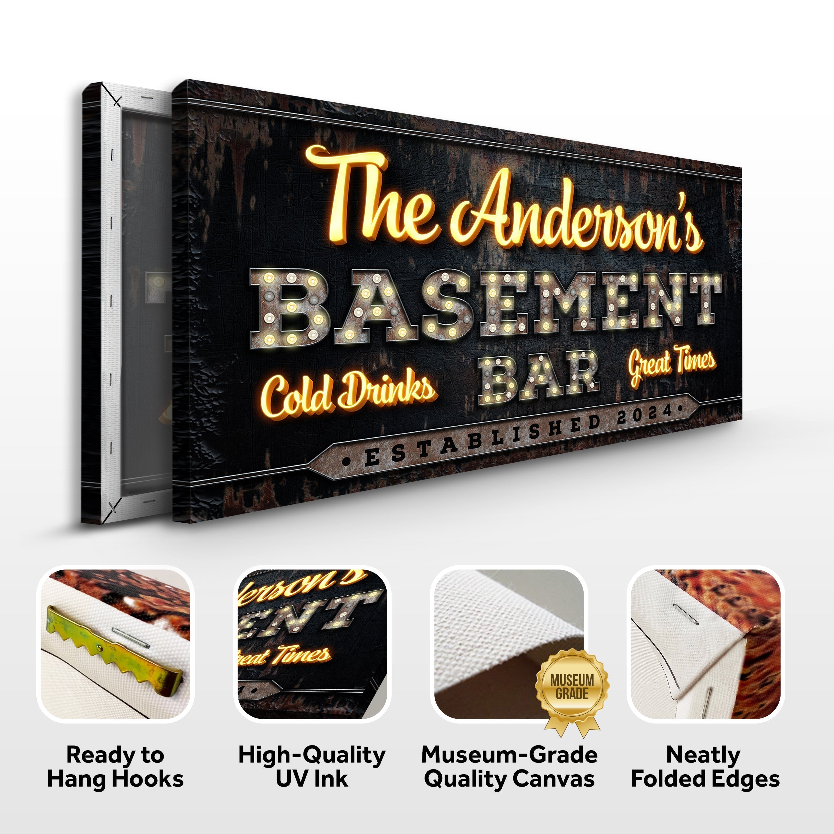 Wrapped canvas bar sign with “The Anderson’s Basement Bar” text and rounded edges