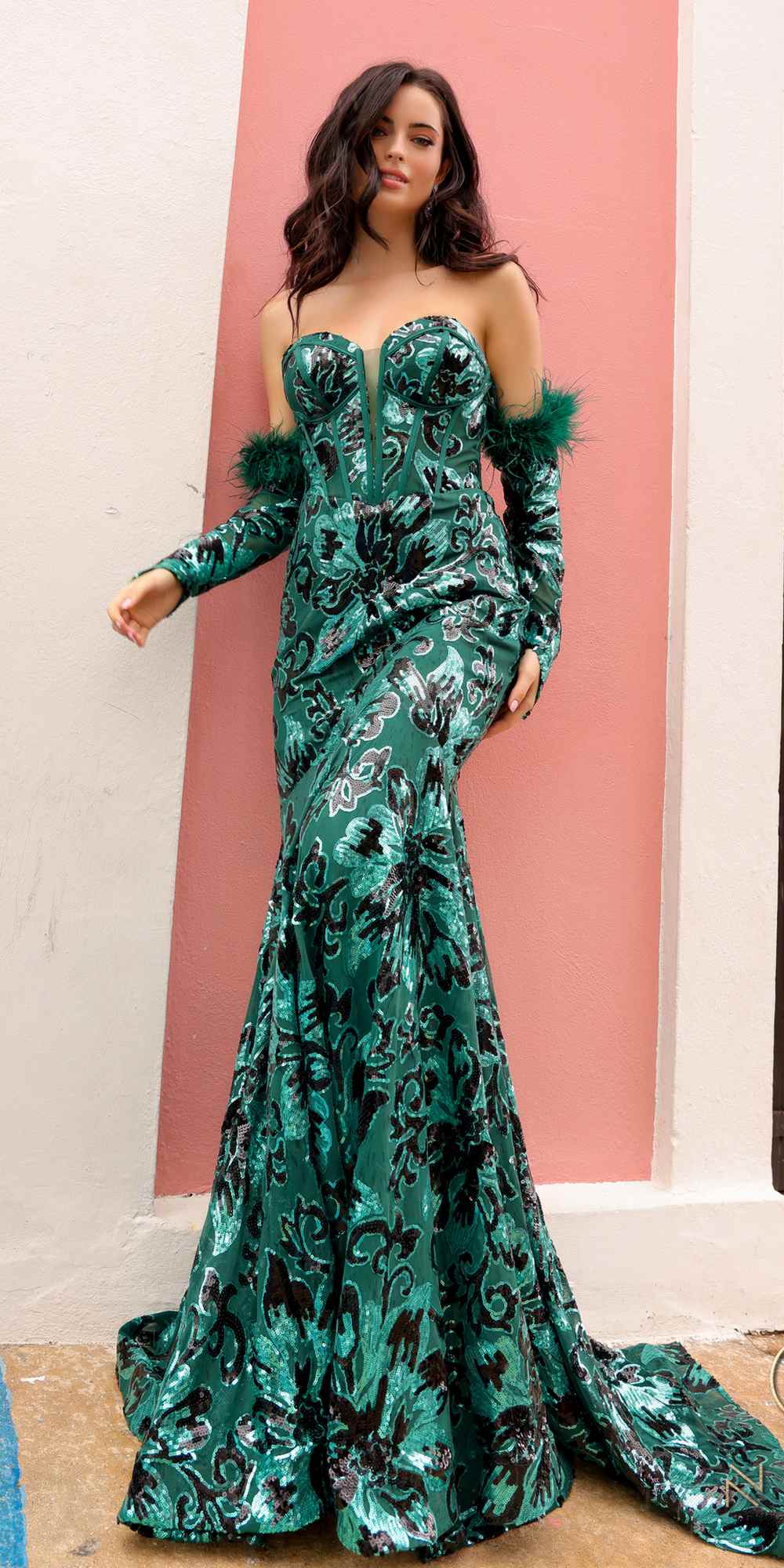 Emerald green sequin mermaid gown with floral pattern and detachable feather off-shoulder sleeves