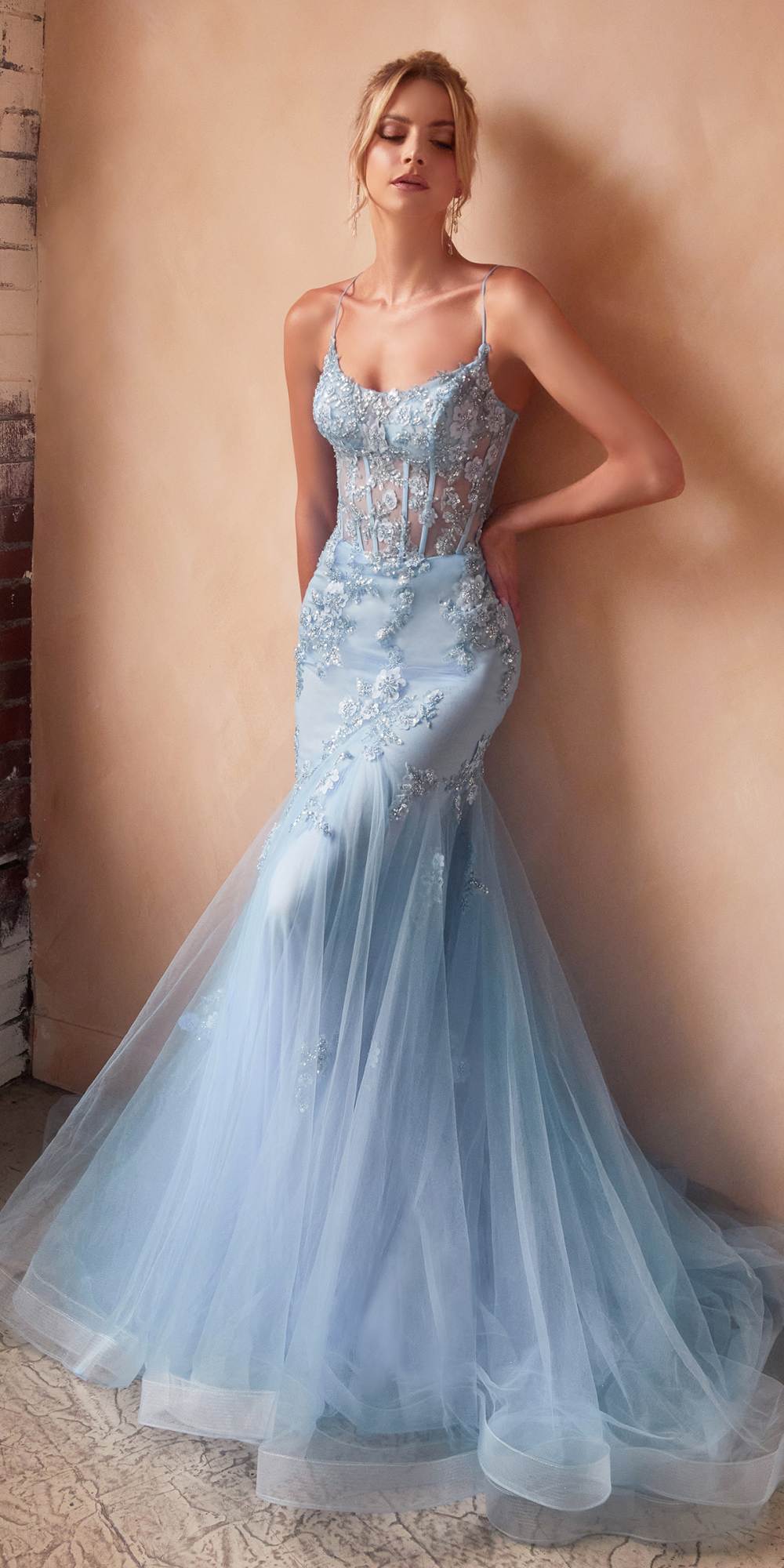 Light blue sparkly mermaid gown with corset bodice, floral embroidery, tulle skirt