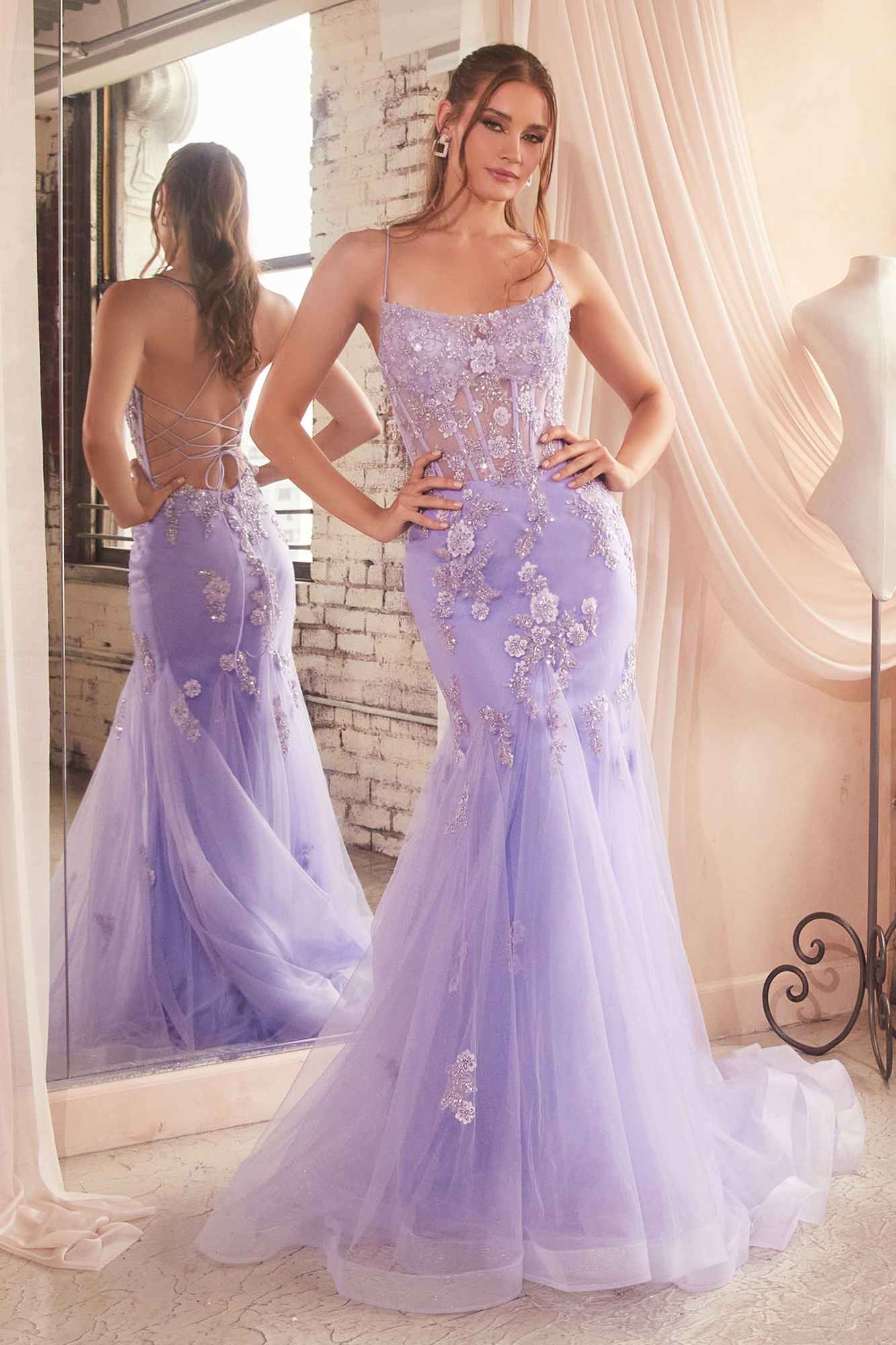 Long mermaid gown with corset back, sparkly floral lace bodice, lavender tulle skirt