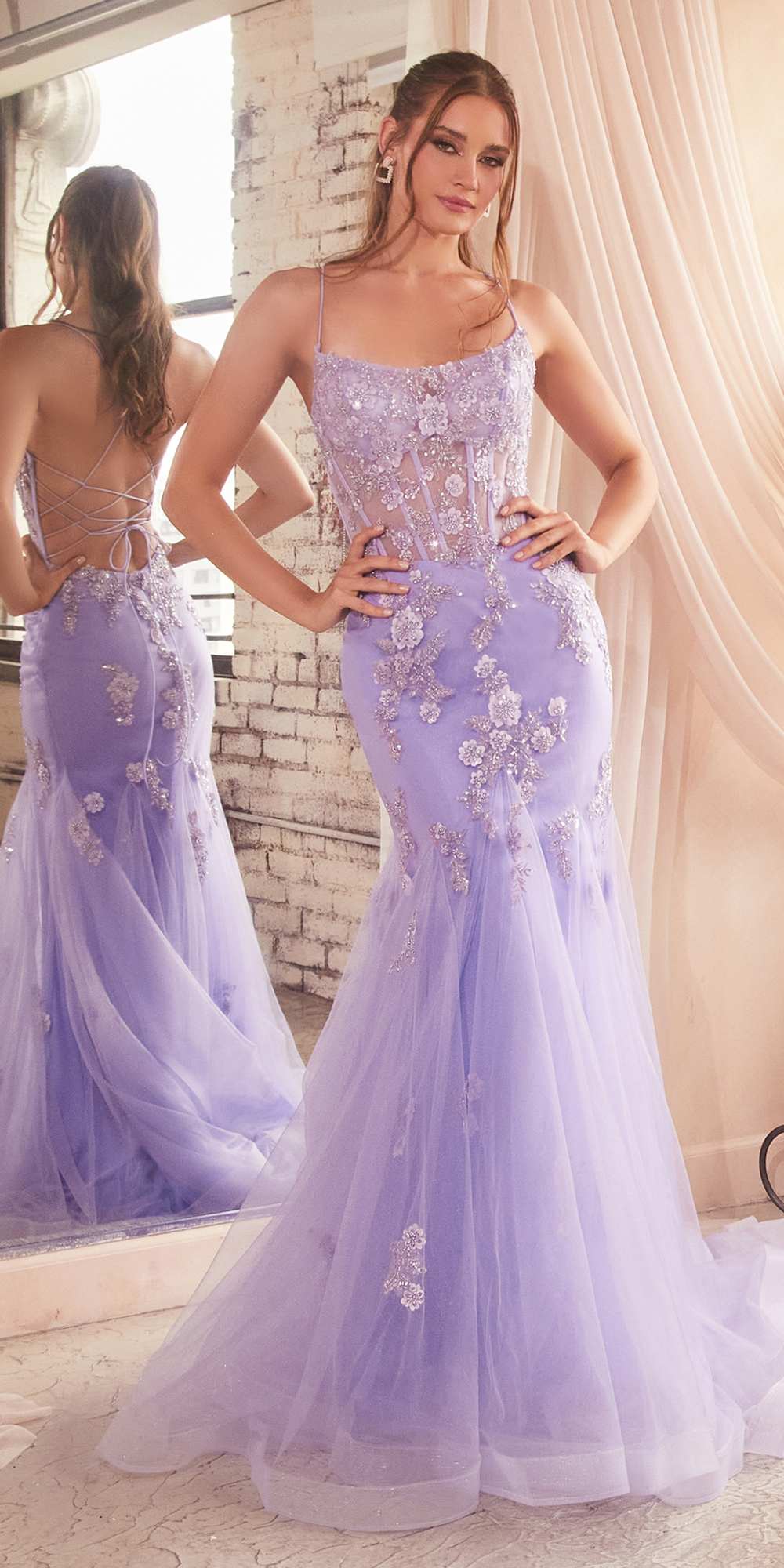Long mermaid gown with corset back, sparkly floral applique bodice, lavender tulle skirt