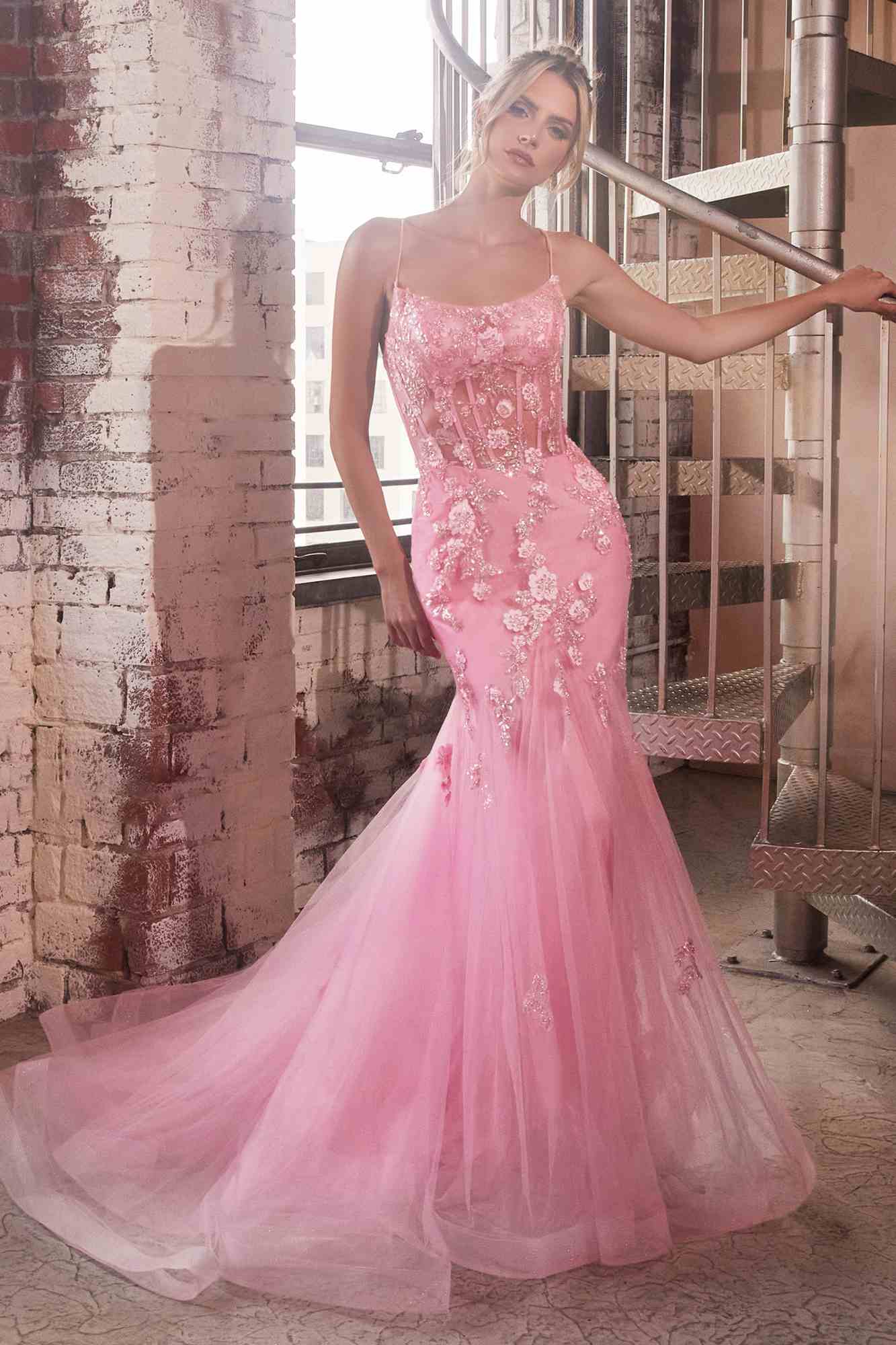 Pink sparkly mermaid gown with corset bodice and tulle skirt, spaghetti straps