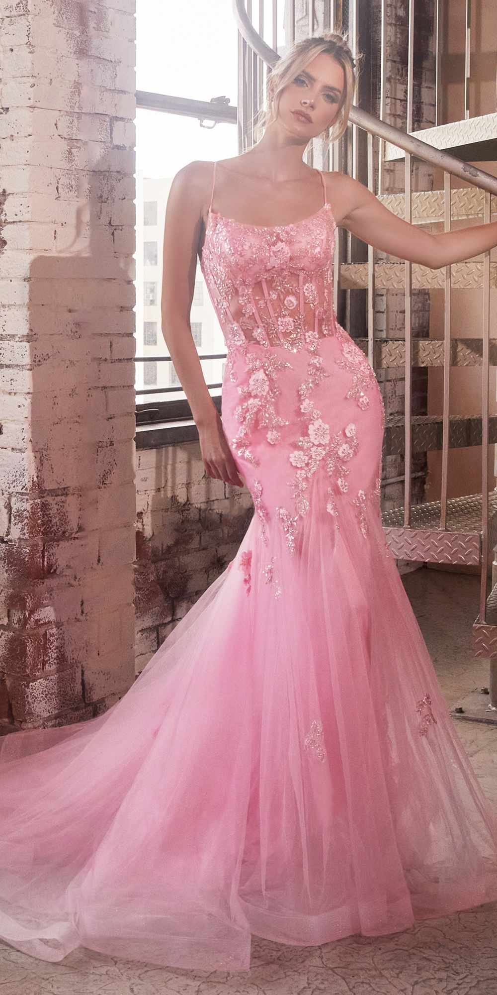Pink sparkly mermaid gown with corset bodice and flowing tulle skirt, spaghetti straps