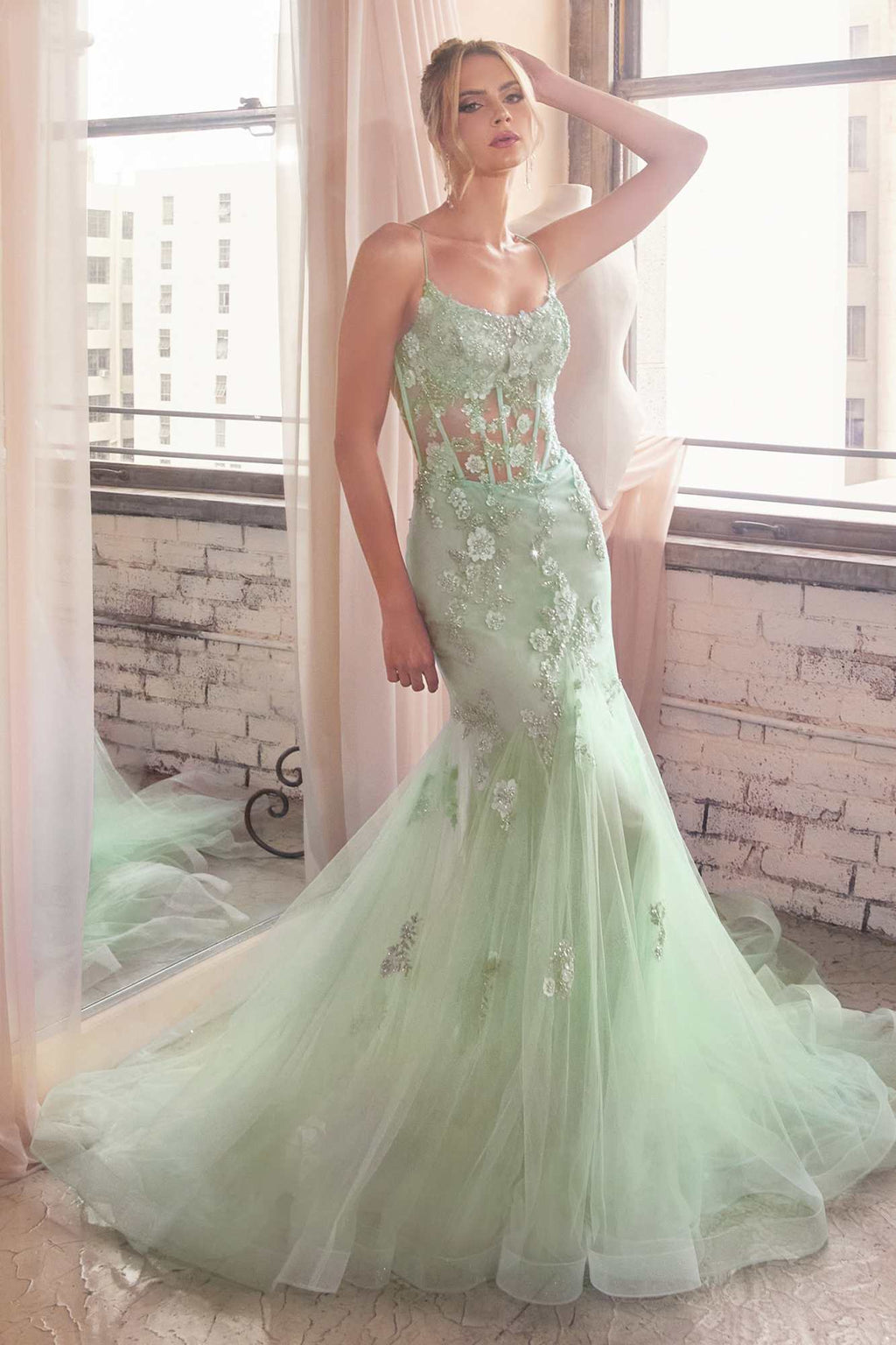 Mint green sparkly mermaid gown with floral bodice details and flowing tulle skirt