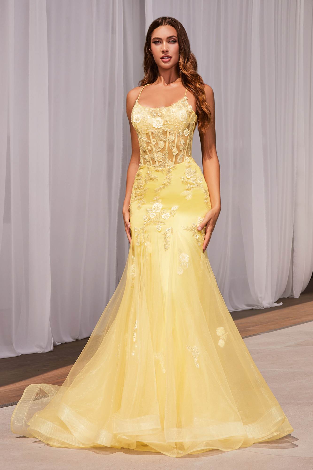 Long mermaid gown with corset back, sparkly lace bodice, tulle skirt, pale yellow