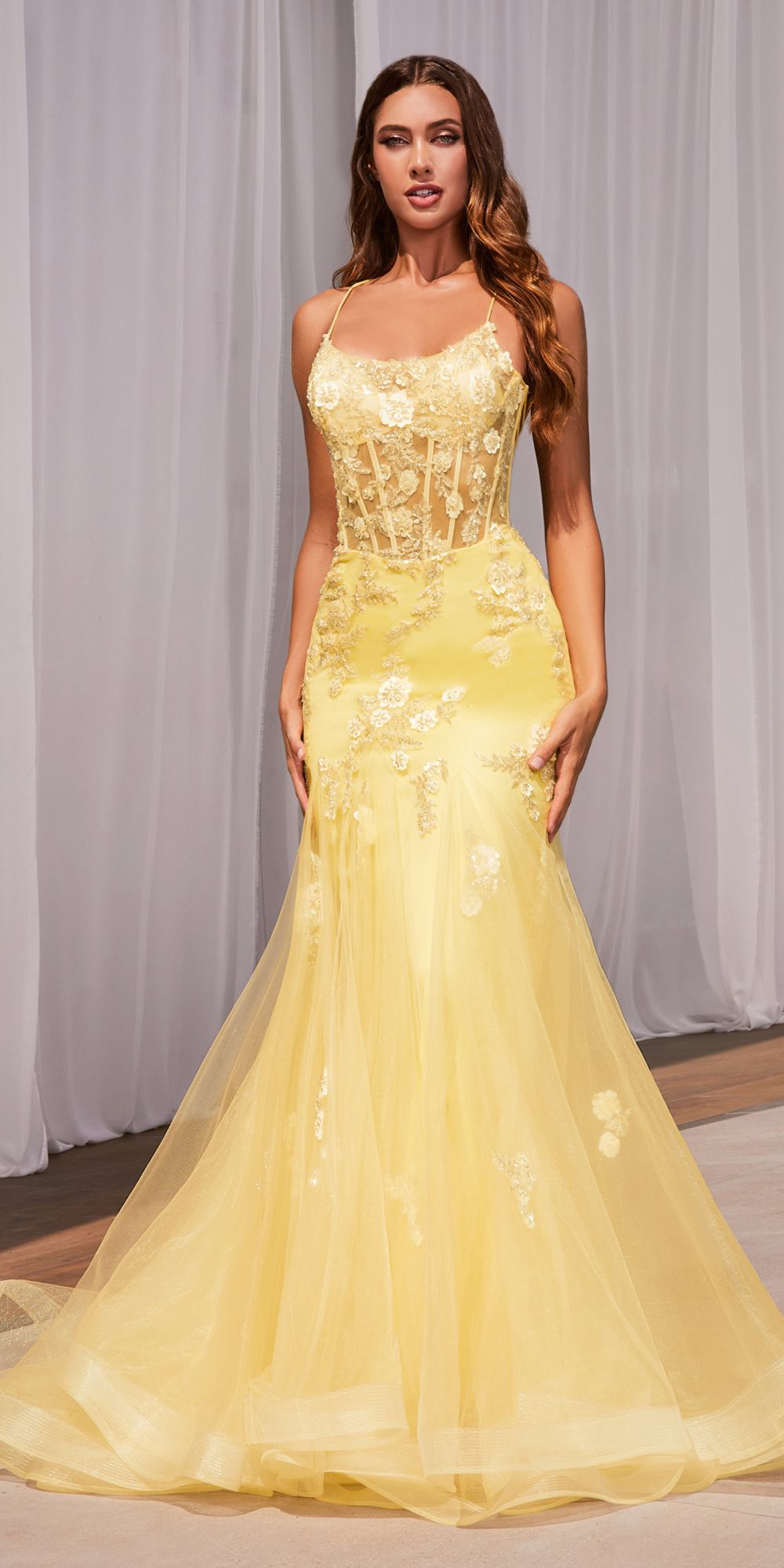 Yellow sparkly mermaid gown with corset bodice, floral lace details, thin straps