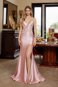 Blush pink satin prom gown with plunging V-neck, sequined applique, thigh slit