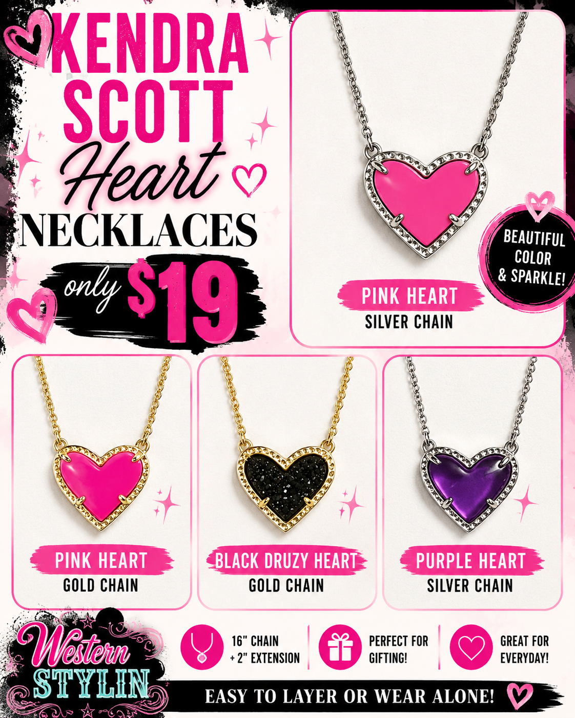 Kendra Scott pink heart necklace, silver chain with 2 in extension, 16 in length