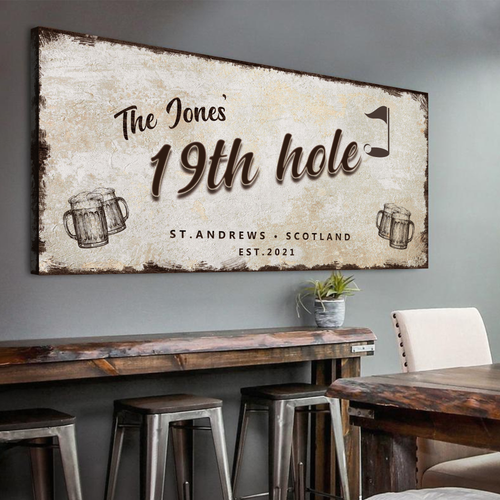 Personalized golf wall sign with distressed beige background and “19th hole” lettering