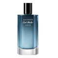 Blue glass perfume bottle with black cap and Davidoff Cool Water label