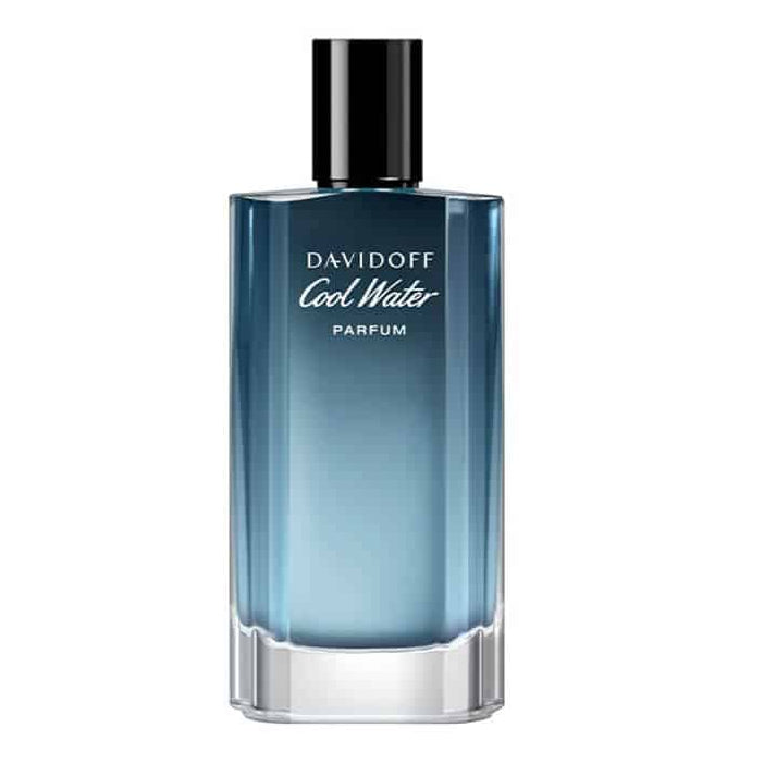 Blue glass perfume bottle with black cap and Davidoff Cool Water label