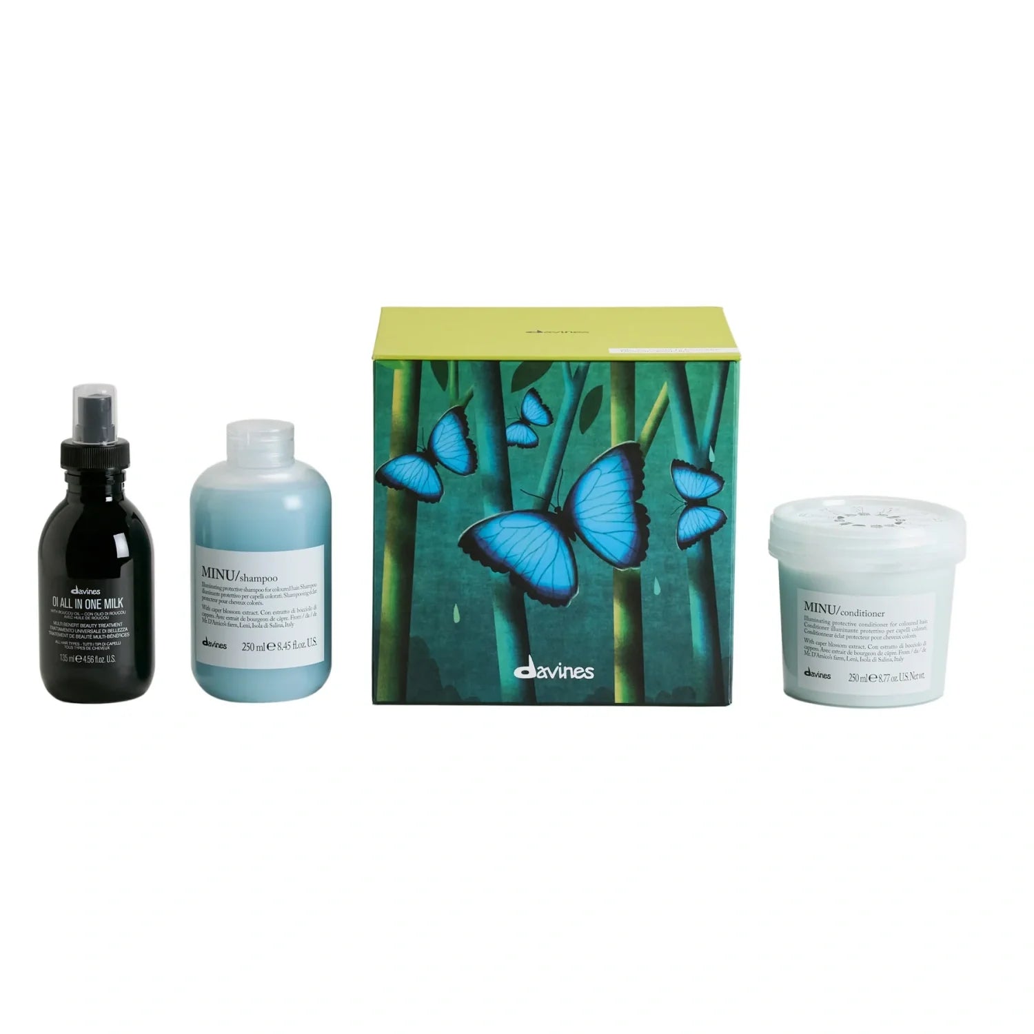 Hair care gift set with butterfly box, two bottles, and one jar