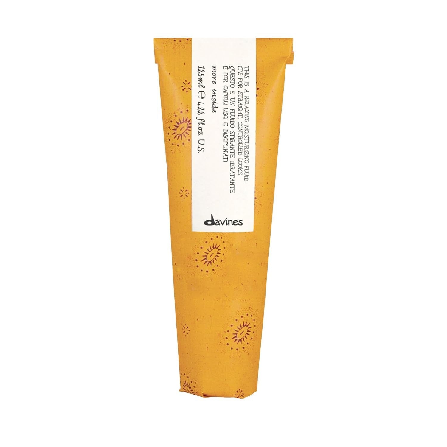 Davines More Inside relaxing moisturizing fluid tube, yellow-orange back label with text