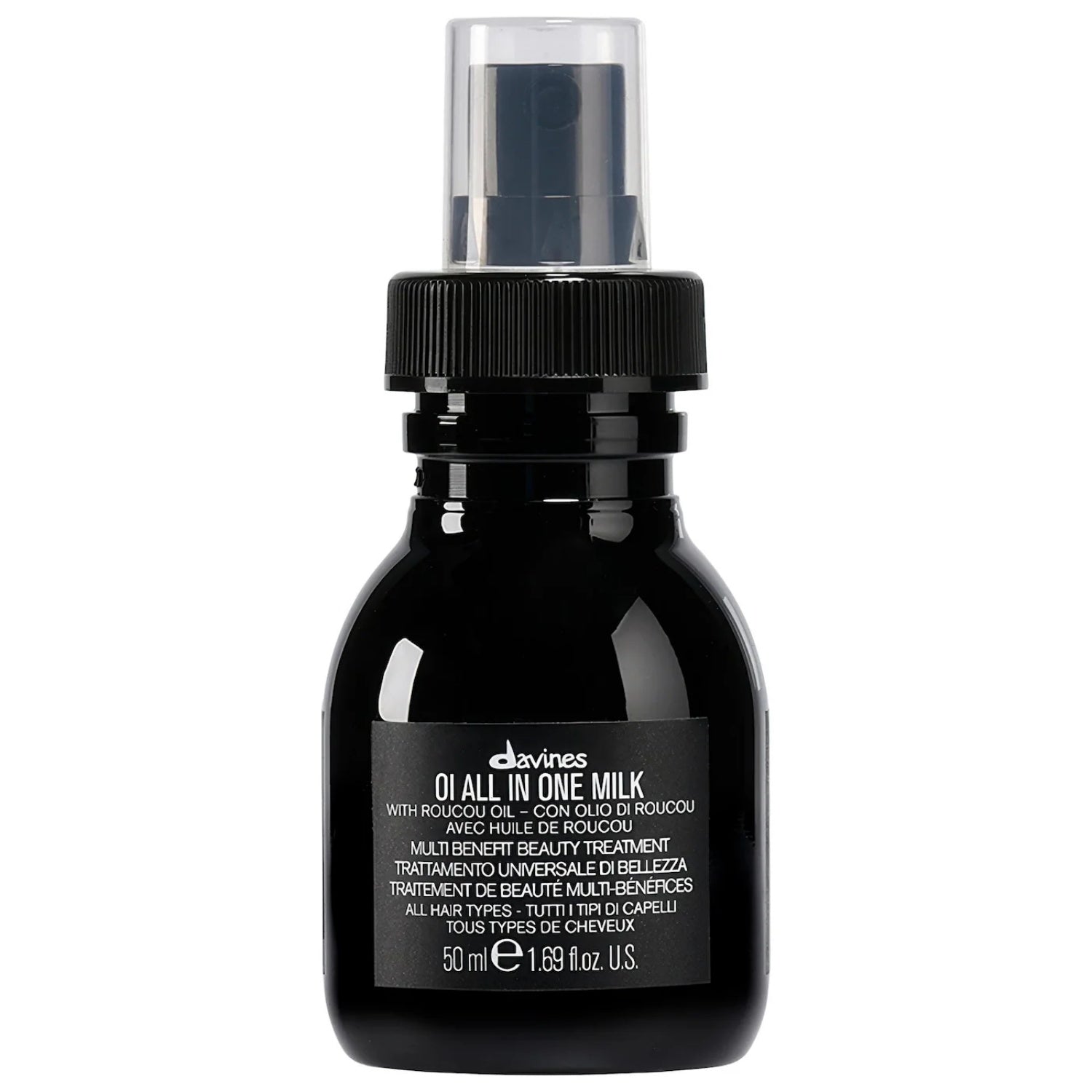 Davines OI All in One Milk bottle, black with silver pump and back label