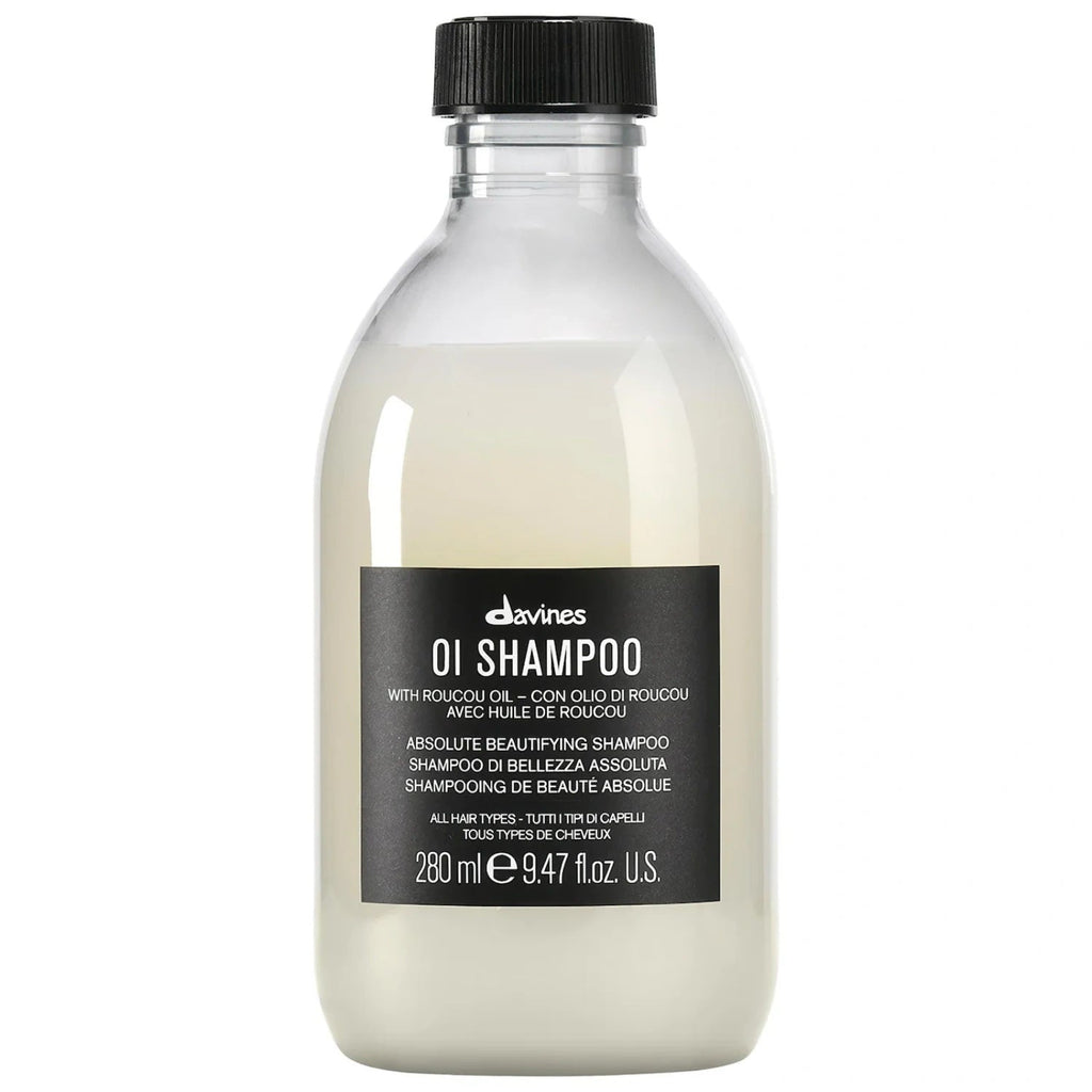 Davines OI Shampoo bottle, 280 ml (9.47 fl oz), clear container with black cap