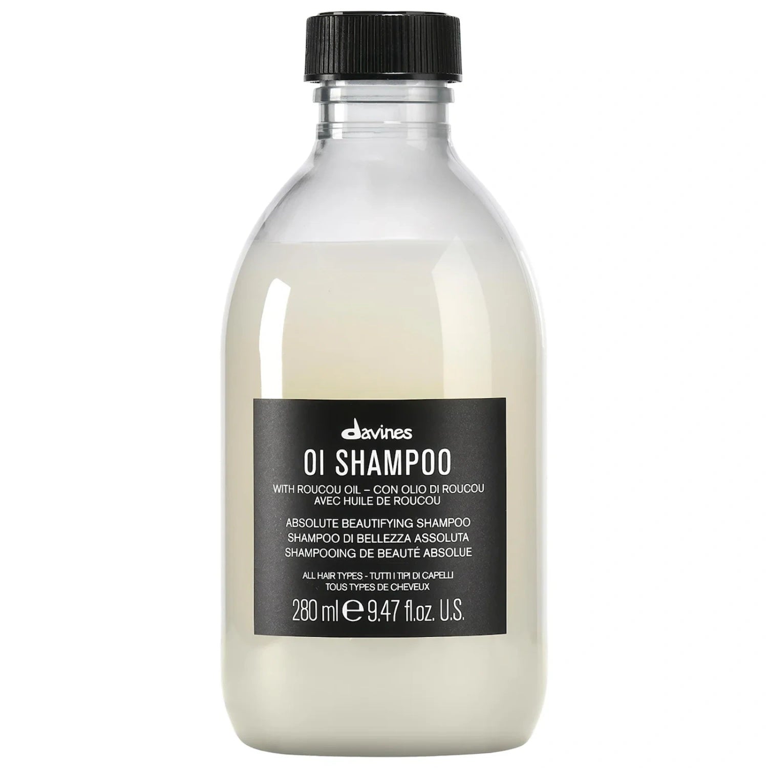 Davines OI Shampoo bottle, 280 ml (9.47 fl oz), clear container with black cap