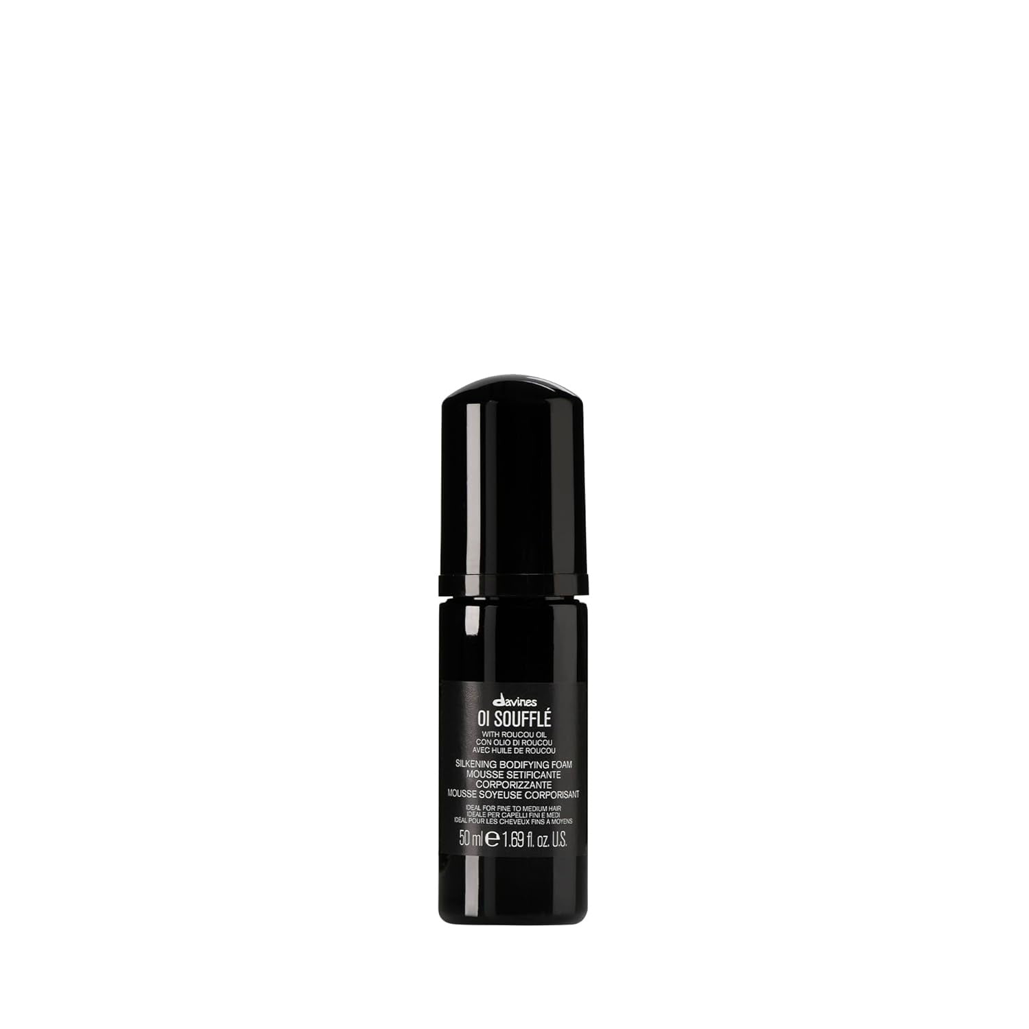 Hair foam bottle, black cylinder with glossy cap and front label